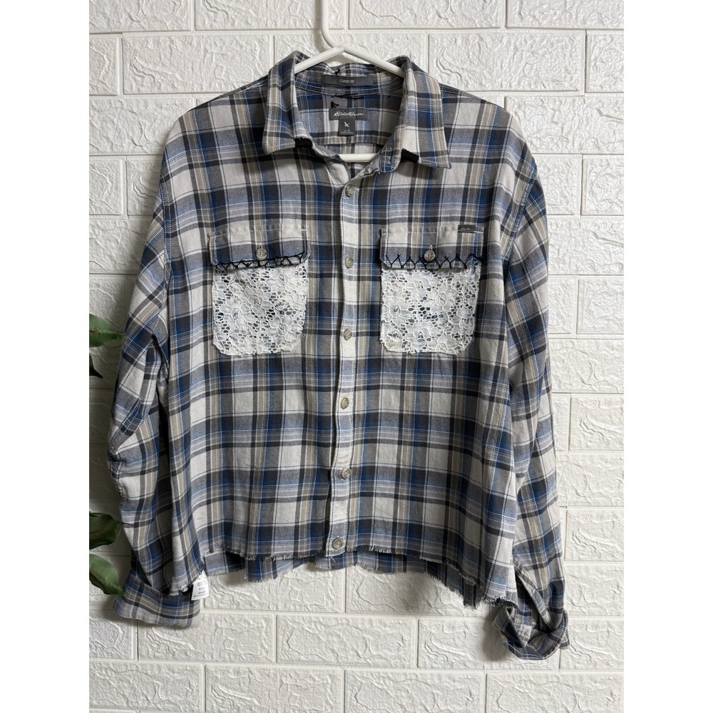 Eddie Bauer Womens Boyfriend Flannel Shirt Blue Plaid Lace Graphic Back Size L
